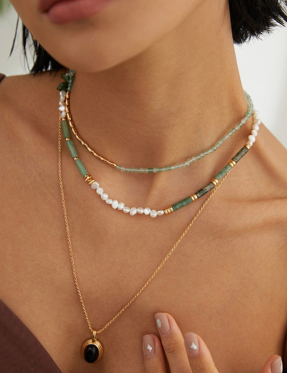 Sunyata Green Chrysoprase Moss Agate Pearl Beaded Necklace