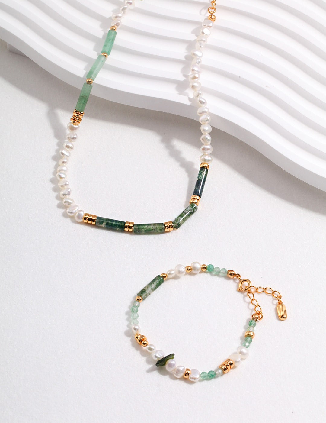 Sunyata Green Chrysoprase Moss Agate Pearl Beaded Bracelet