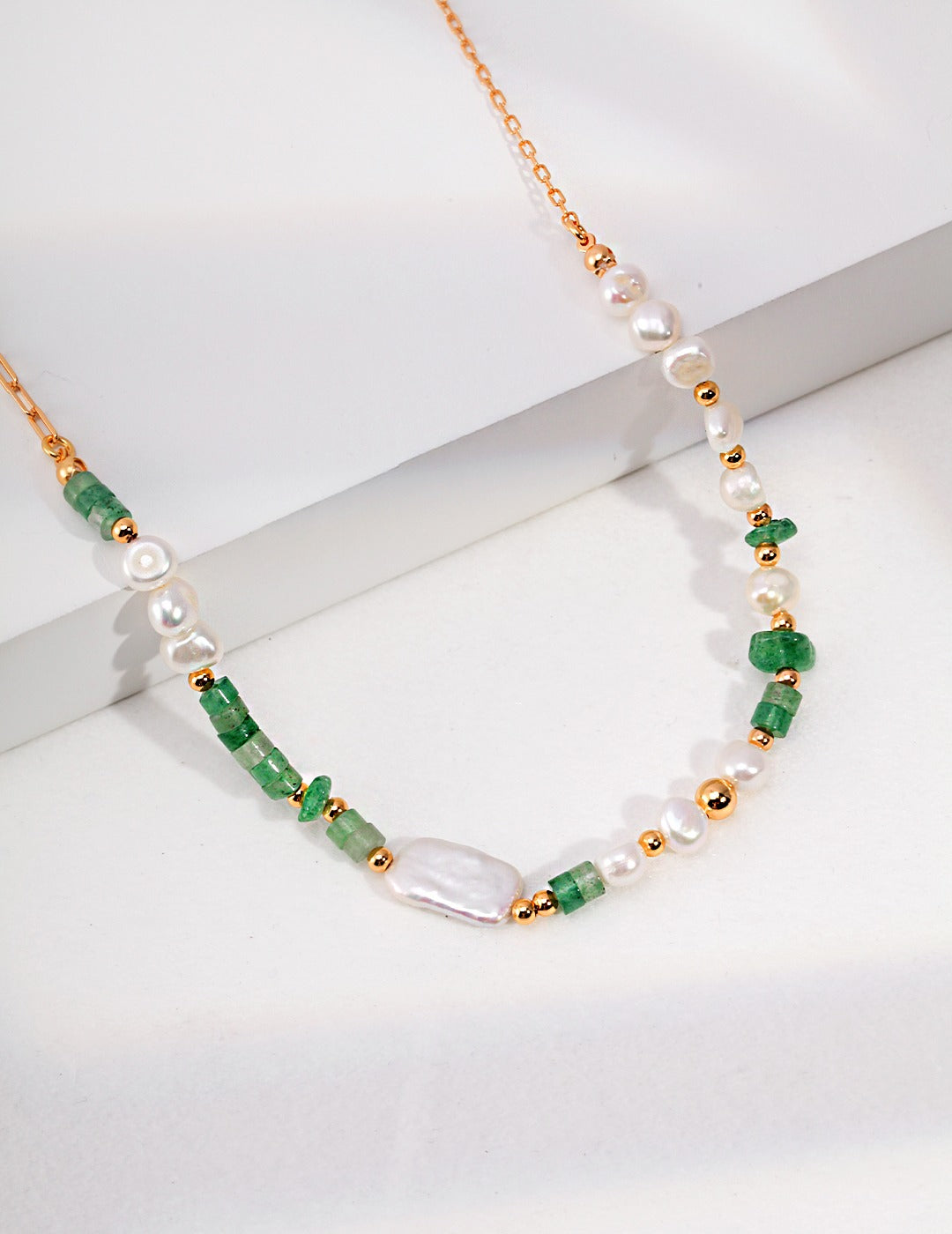 Sunyata Green Aventurine Strawberry Quartz Pearl Beaded Necklace
