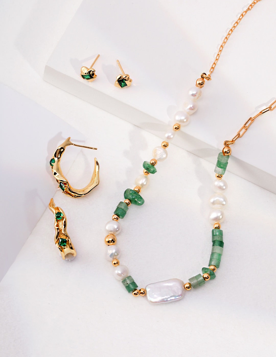 Sunyata Green Aventurine Strawberry Quartz Pearl Beaded Necklace